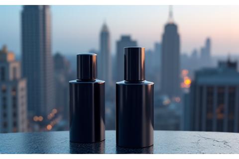 都会のビル群を背景に、スタイリッシュなボトル