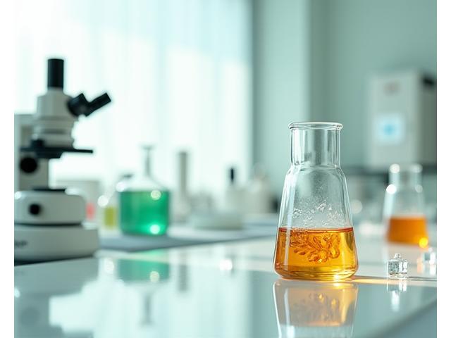 透明感のあるフラスコや顕微鏡、分子構造の模型が並ぶ清潔な研究室の机。背後にはプロセスのタイムラインを示すチャートがあり、研究開発のステップが視覚的に表現されている。