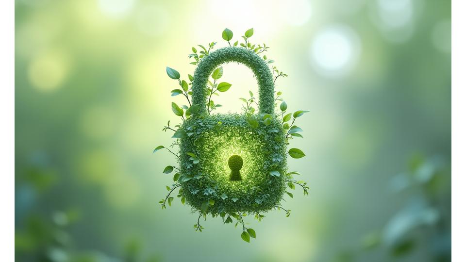 透明性を示すセキュリティロックと植物のイラスト