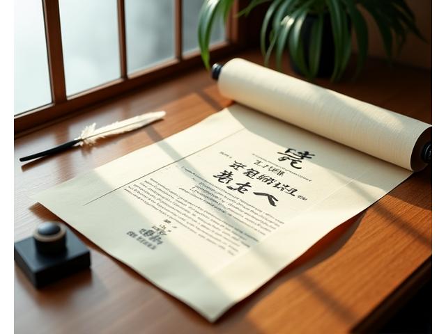 日本の法規が記された巻物状の書類とインク壺、羽ペンのイメージ